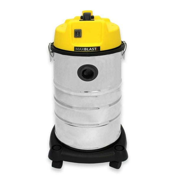 MAXBLAST 30L Industrial Vacuum Cleaner with a shiny silver metal body, yellow top, and sturdy black base, designed for heavy-duty cleaning
