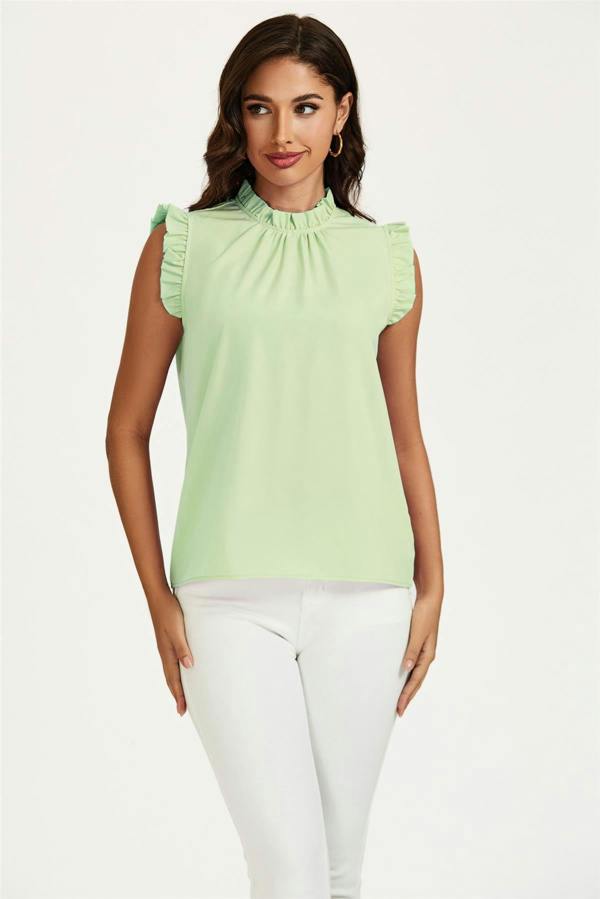 FS Collection Frill Trim Sleeve Frill Neck Blouse Top In Light Green