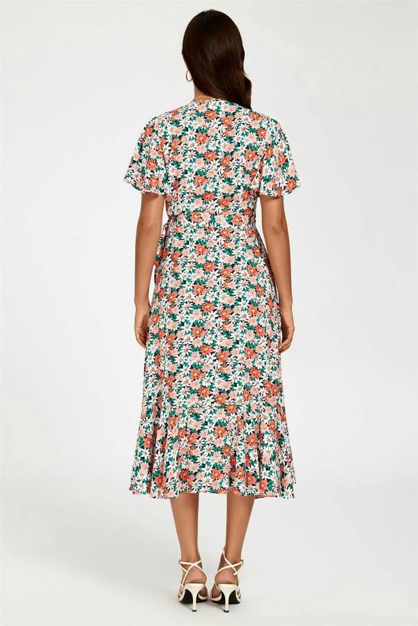 FS Collection Daisy Print Midi Wrap Dress In Pink