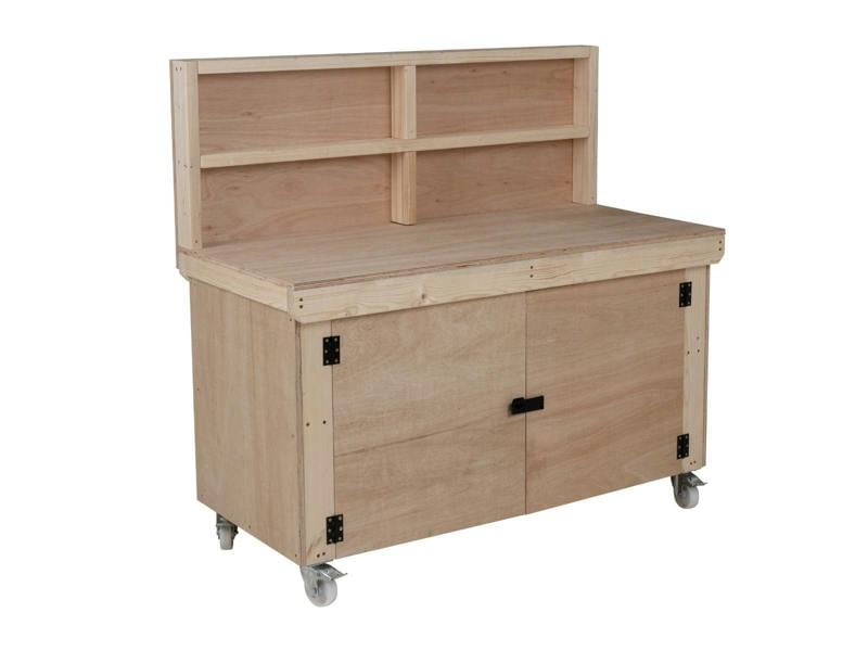Arbor Garden Solutions Wooden Eucalyptus hardwood top workbench with lockable cupboard (V.9) with back panel and wheels
