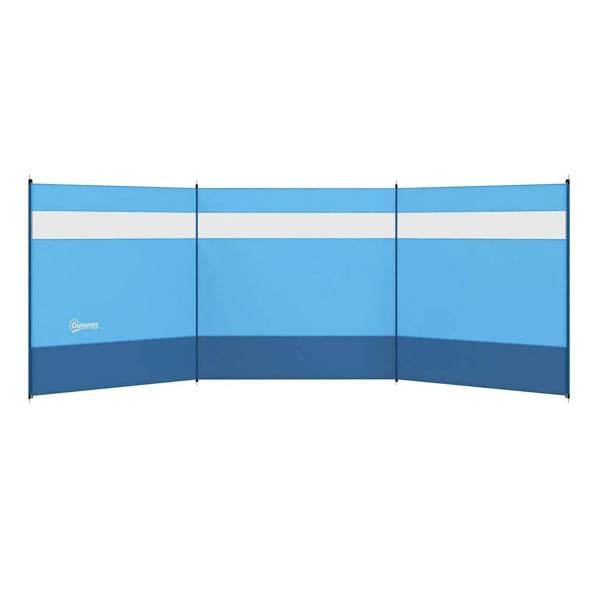 Blue camping windbreak screen with clear window panels, three-section side wall