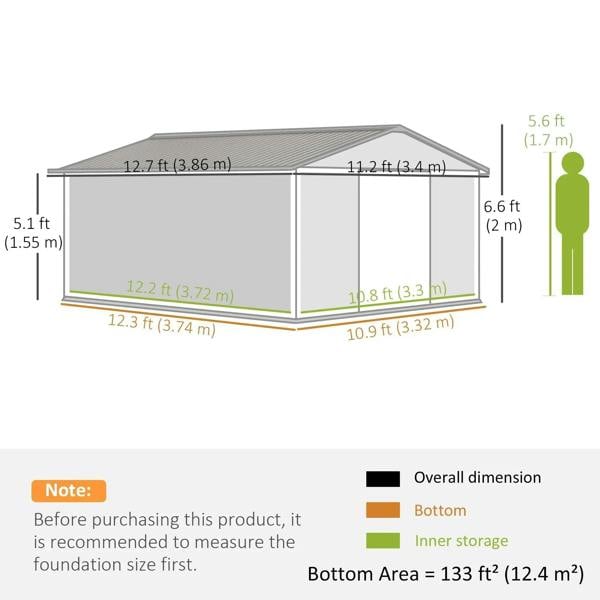 Grey metal shed dimension diagram showing height, width, and base measurements
