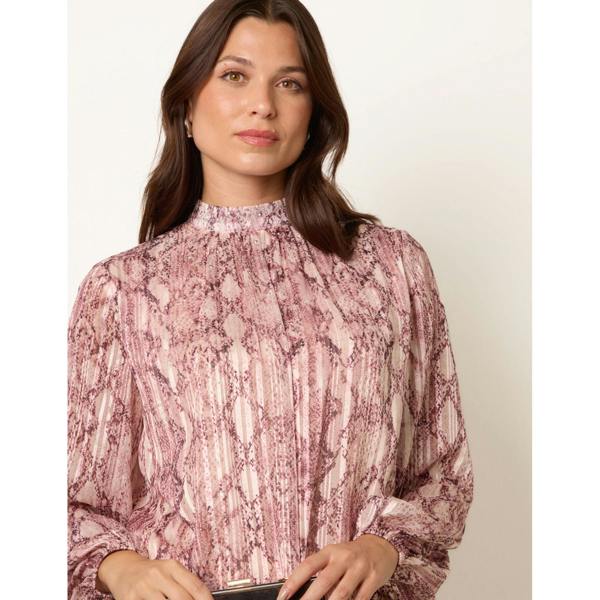 Blue Vanilla Rhinestone Snake High Neck Puff Ball Blouse