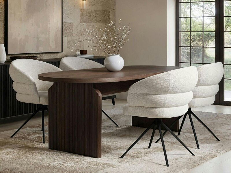 SOLACE+CO Varm Wooden Ribbed Dining Table with 4 Eira Chairs Set - Walnut - 4