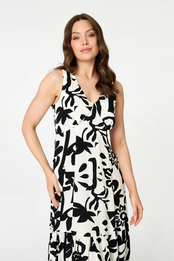 Beige | Floral Sleeveless A-Line Midi Dress