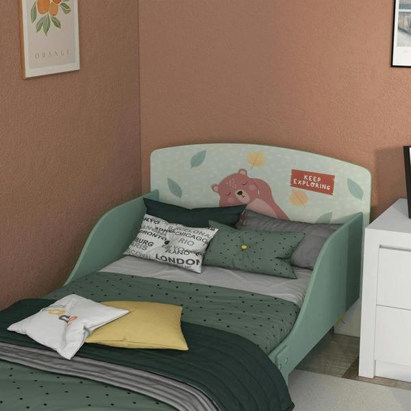 Green kids bed frame with rounded headboard, bear panel, and slatted mattress base
