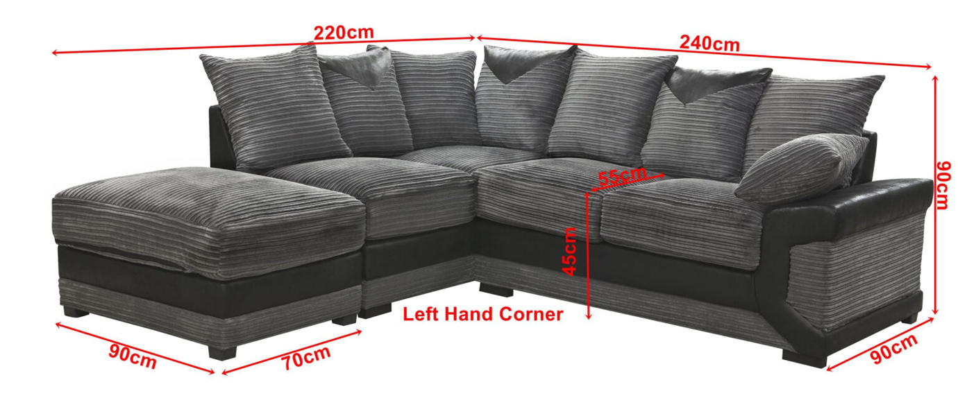 SQUAREBOXX Dino Jumbo Cord with Leather 4-5 Seater Fabric Corner Sofa in Grey with Black