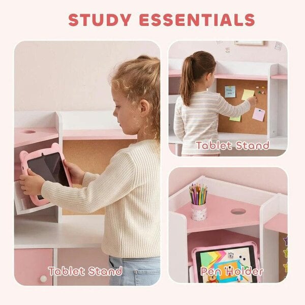 Kids Desk and Chair Set Storage Shelves Kids Desk Adjustable Tablet Stand Cork Board Pen Holder Pink