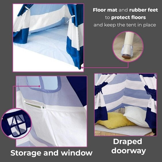Neo Navy and White Stripe Canvas Kids Indian Tent TeePee