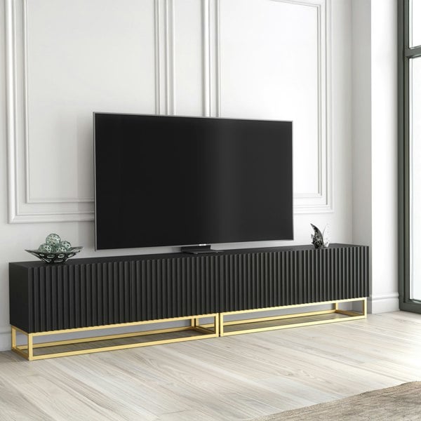 Mex Furniture Modular Black TV Unit with Gold Base 200cm – Fluted Fronts & Push-Down Doors