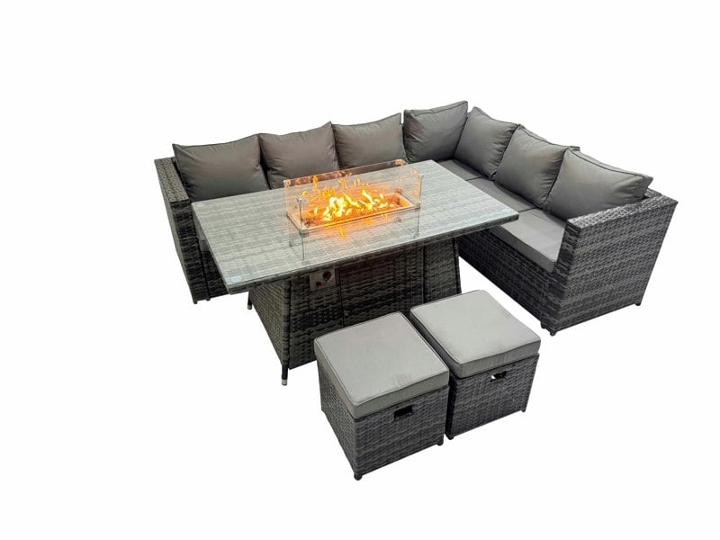Fimous 8 Seater Outdoor Corner Sofa Gas Fire Pit Dining Table Set Garden Rattan Furniture Set with 2 Small Stools Dark Grey