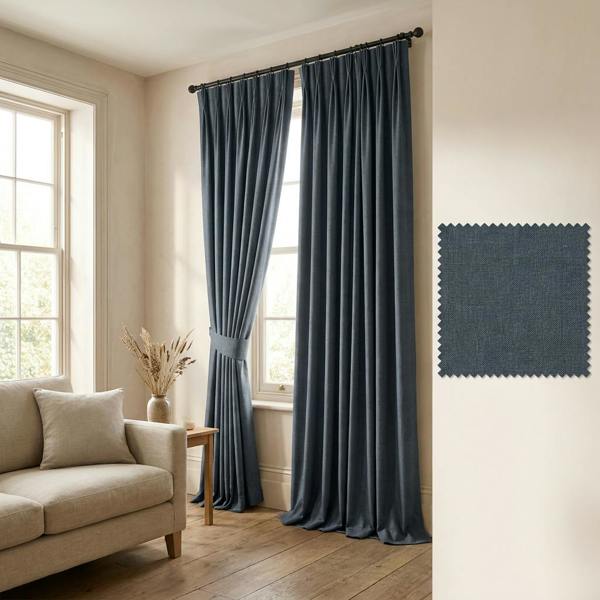 Lisbon made-to-measure curtains in Slate, styled in a living room