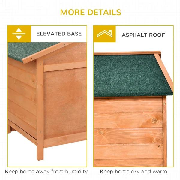 Wooden pet hutch with raised base and asphalt-look roof panel for dry shelter