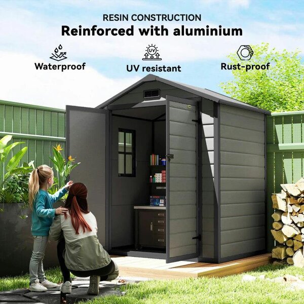 6'x4.5' Garden Storage Shed, Lockable Garden Shed with Double Doors, Window, Vent and Plastic Roof, Dark Grey
