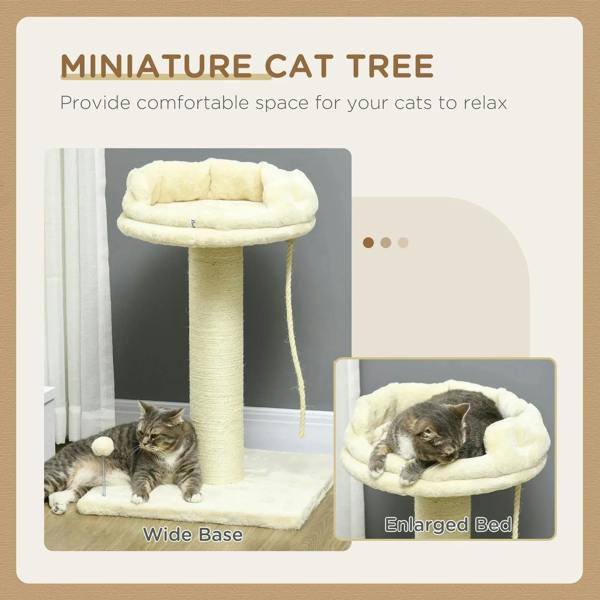 Cream miniature cat tree with plush top bed and sisal-wrapped scratching post