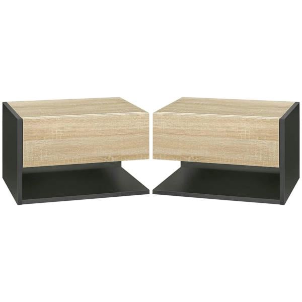 Wall-mounted floating bedside table set of 2 with oak-tone fronts, drawer and open shelf
