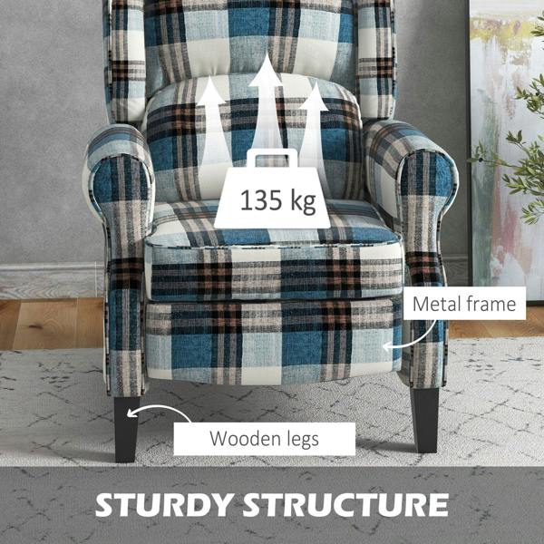 Blue plaid recliner chair with padded seat and armrests on sturdy legs.