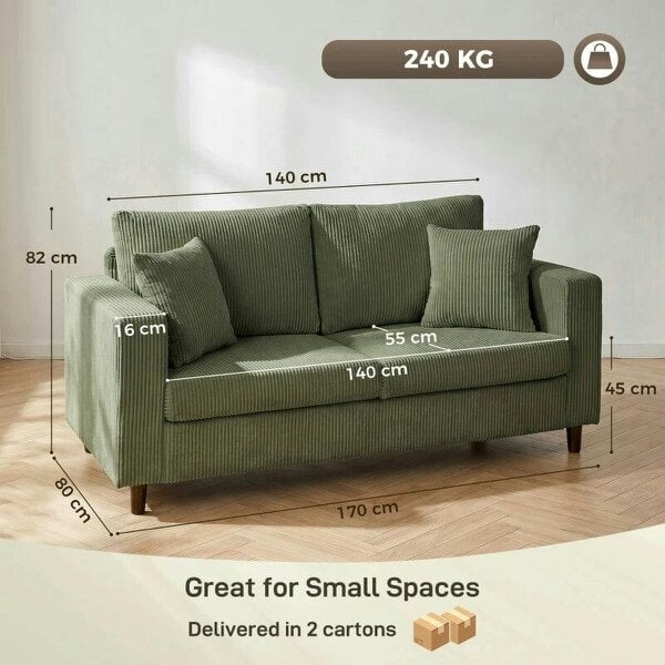Loveseat Sofa with Wide Seat, Corduroy 2 Seater Couch with Deep Seat, Spring Cushion, Green