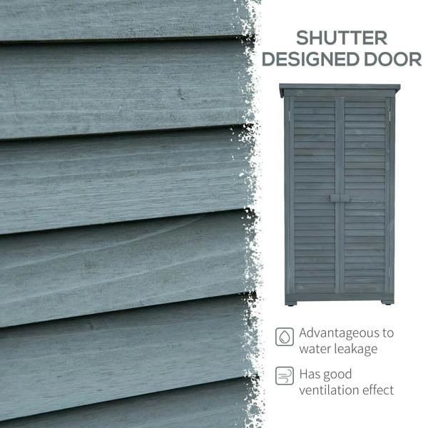 Grey garden shed door and wall cladding, close-up view of slatted panels.