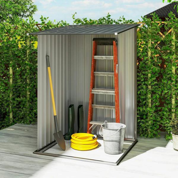 Lean-to steel garden shed with open door, interior shelves and brown-gray panels.
