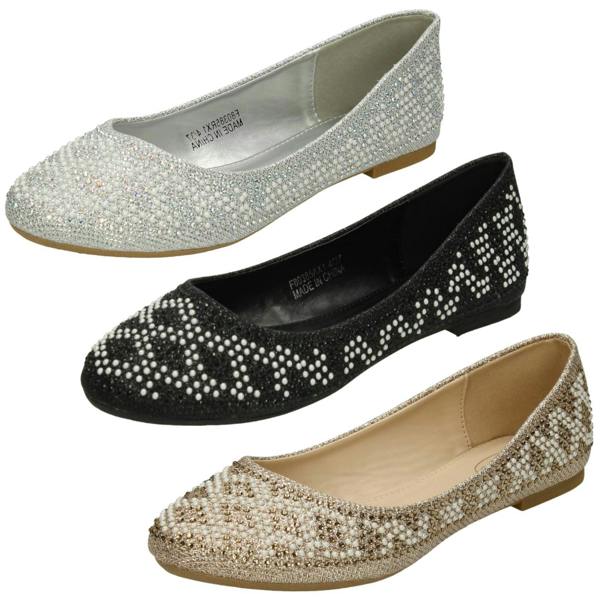 Spot On Ladies Spot On Diamante Bead Ballerinas F80385