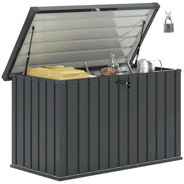 Dark grey galvanised steel garden storage box with open lid