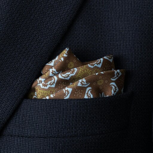 Otway & Orford 'Arabesque' tile design silk pocket square in brown, green & turquoise (42 x 42cm)