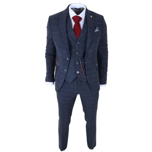 TruClothing TP-32 - Men's Navy Blue 3 Piece Wool Blend Tweed Suit
