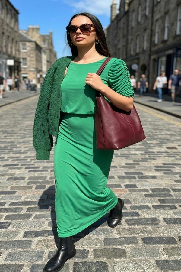 Elvira Ruched Short Sleeve Maxi Dress With Draped Bodice - Green