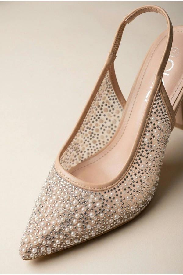 Cordelia Embellished Mesh Pointed Toe Heels - Beige