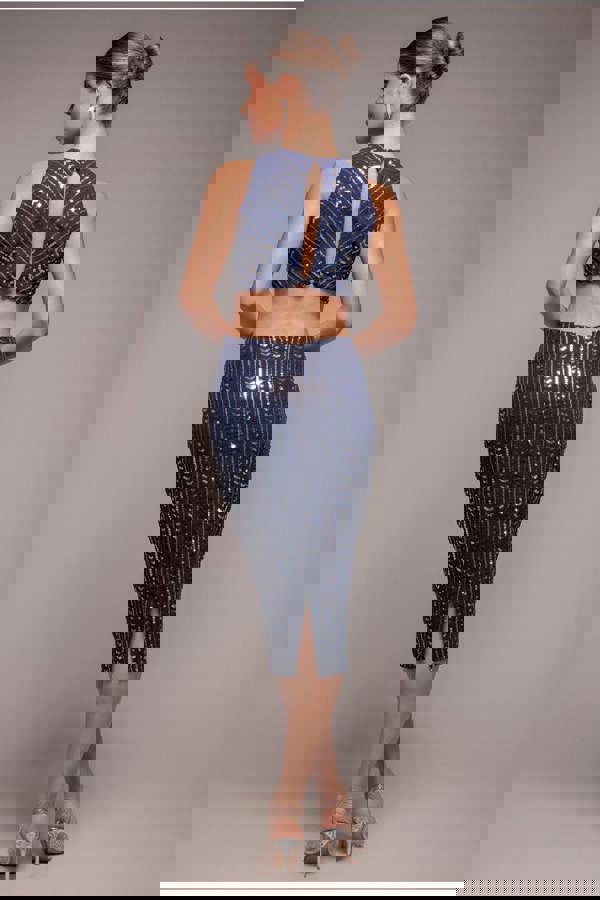 Patterned Sequin Cut Out Midi Dress - Navy DR3756