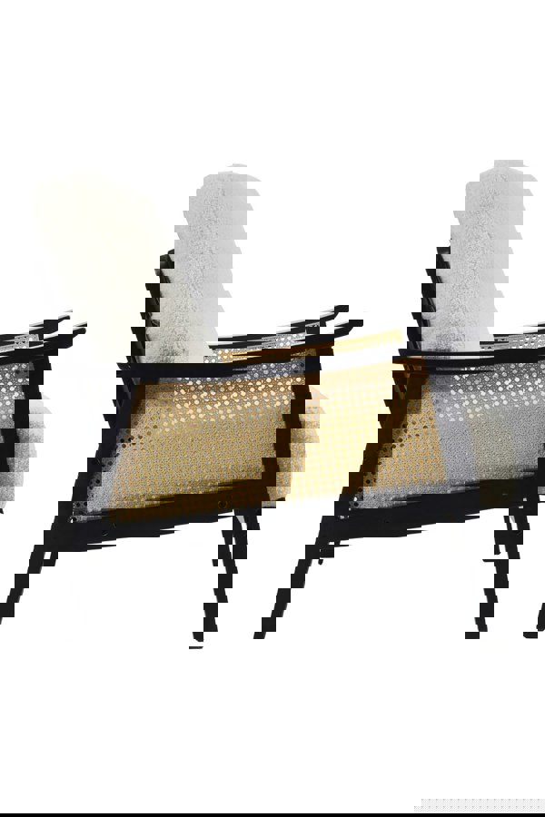 Living and Home White Teddy Fur Rattan Armrest Sofa Cushioned Armchair with Dark Leg