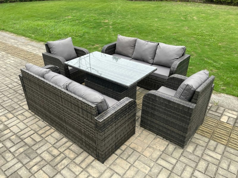 Fimous 8 Seater PE Rattan Outdoor Garden Furniture Sets Height Adjustable Rising lifting DiningTable Sofa Set with Reclining Chair Dark Grey Mixed