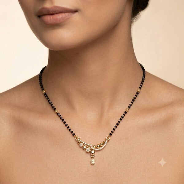 The Colourful Aura Rose Gold Plated CZ Crystal Floral Sweep Mangalsutra Black Bead Necklace 18 Inch