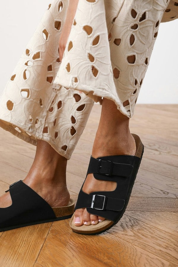 Where's That From Victoria Double Buckle Plaited Flatform Slider in Black
