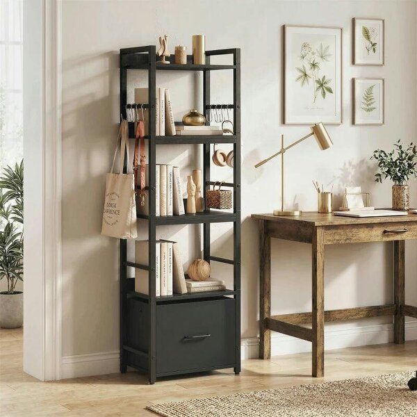 4-Tier Bookshelf, Narrow Bookcase with Drawer, 8 Hooks, Metal Frame, Black - Black