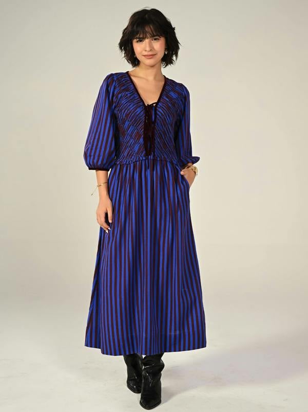Rose & Nancy Isla Hand Smocked Blue And Burgundy Stripe Midi Dress