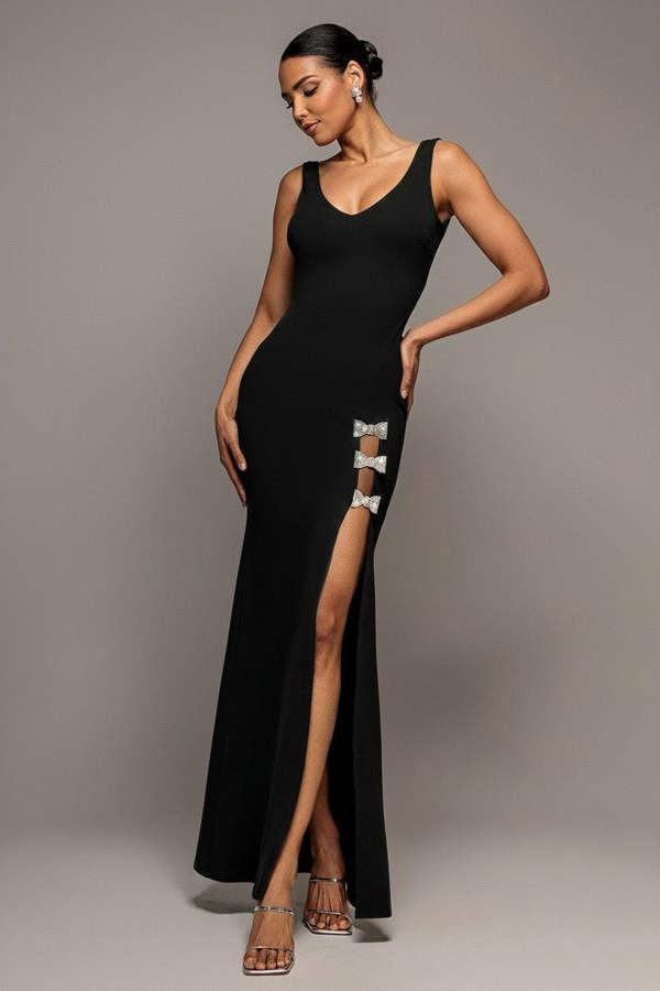 Diamante Brooch Thigh Split Mermaid Maxi Dress - Black DR4433