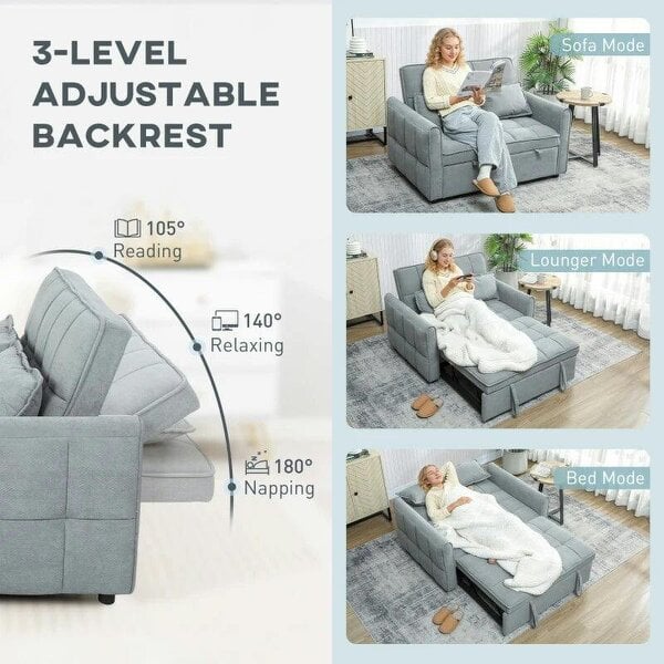 2 Seater Sofa Bed, 3-in-1 Convertible Sleeper Sofa with Click-clack Adjustable Backrest and 2 Pillows, Grey