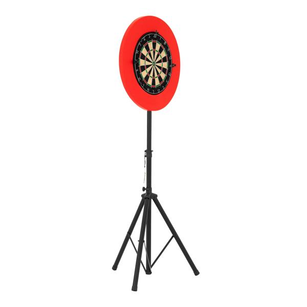 Dart board set featuring a vibrant red surround, mounted on a sturdy black tripod stand, ideal for indoor or outdoor play