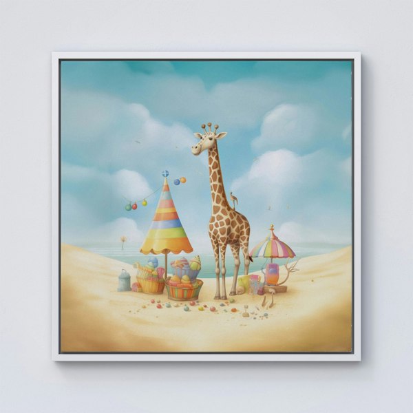 Warren Reed Giraffe On A Beach Holiday Framed Canvas