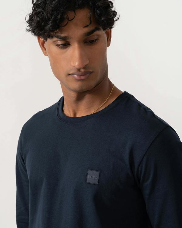 Logo shot of BOSS Orange Tacks Mens Long Sleeve T-Shirt with logo Patch - Dark Blue 404