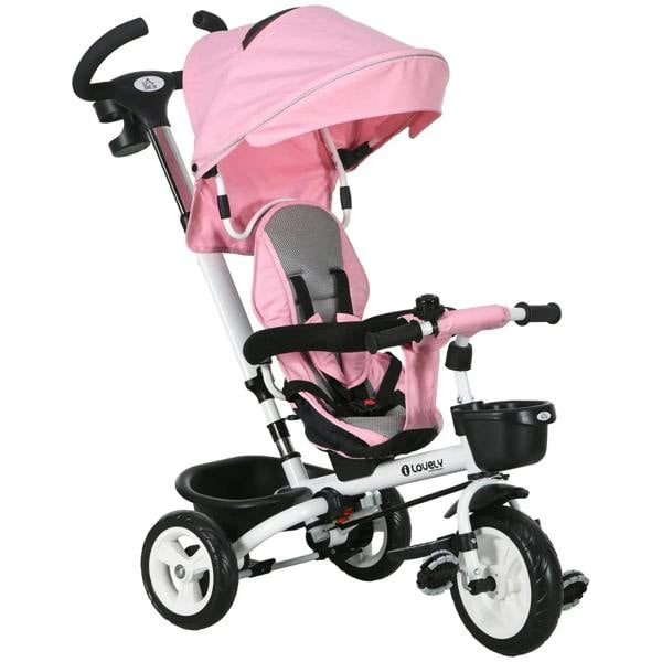 Pink baby tricycle stroller with canopy and parent push handle, front view