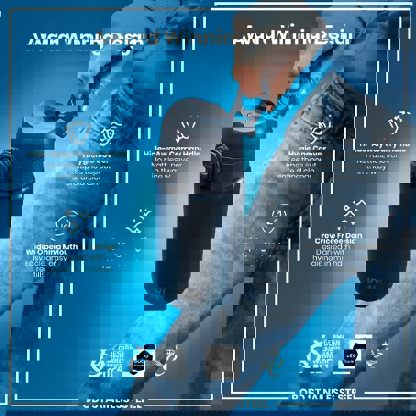 A black stainless steel water bottle is held by a hand. It features a hide-away handle, hygiene cover, and wide mouth opening. The bottle is an award-winning design.