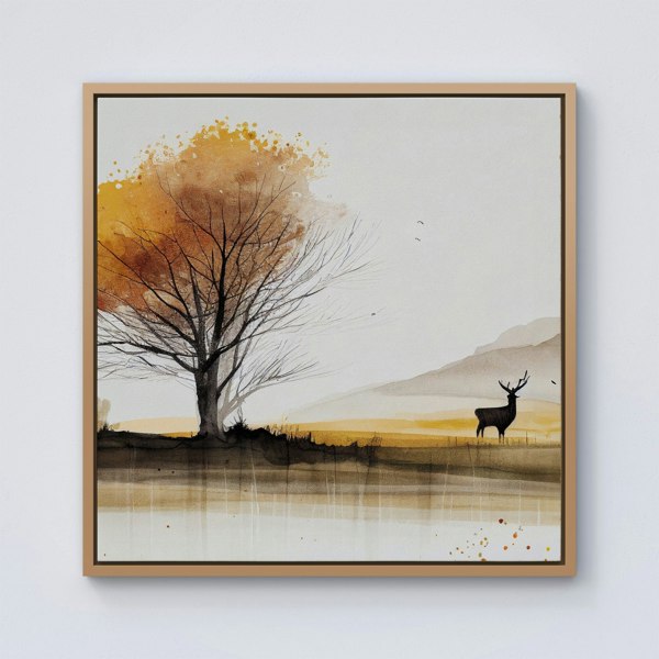 Warren Reed Autumn Landscape Stag Watercolour Framed Canvas