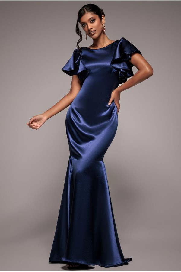 Satin Flutter Sleeve Mermaid Maxi - Navy DR3954