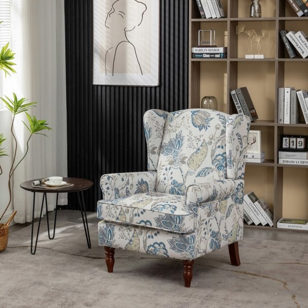 Furniture One Wingback Tartan Armchair, Retro Accent Chair Soft Padded Fabric Lounge Padded Sofa Chair with  Solid Wood Frame