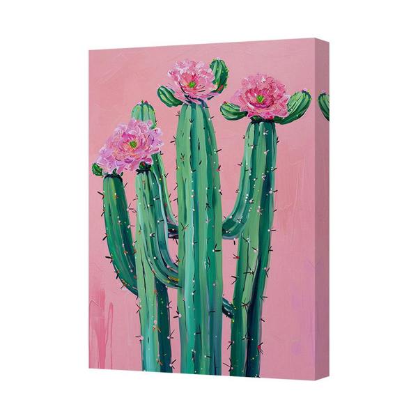 Benjamin Tate Design Cactus Flowers Canvas Wall Art Pink Background Modern Decor