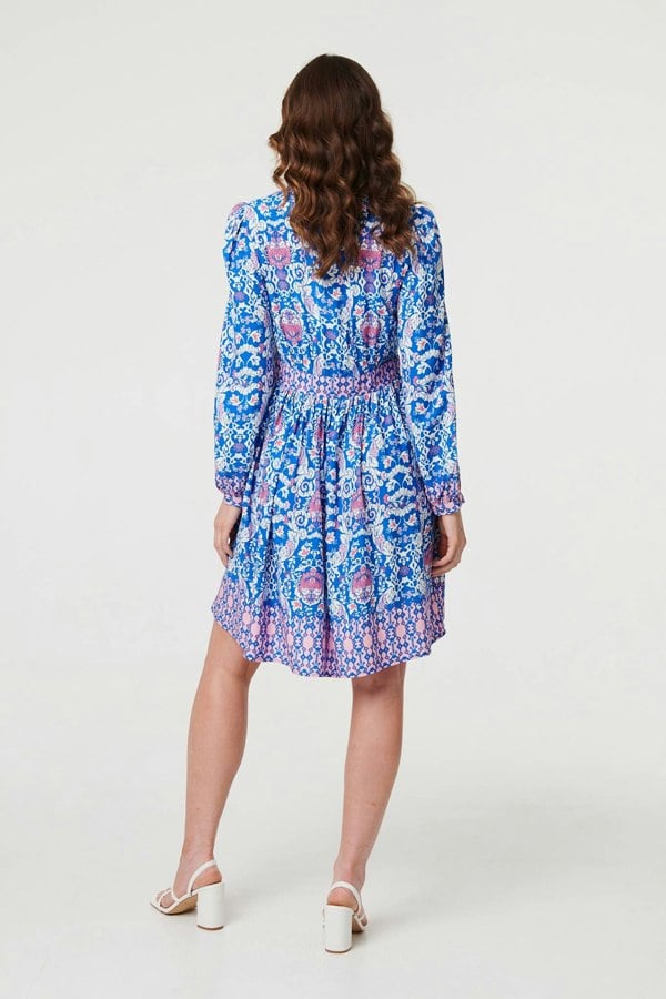 Blue | Printed Long Sleeve Shirred Short Dress
