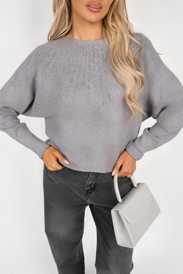 Haisley Long Sleeve Knitted Jumper With Embellished Neckline - Grey